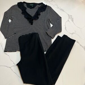 Lauren Ralph Lauren Set Black and White Striped Top with Black pants